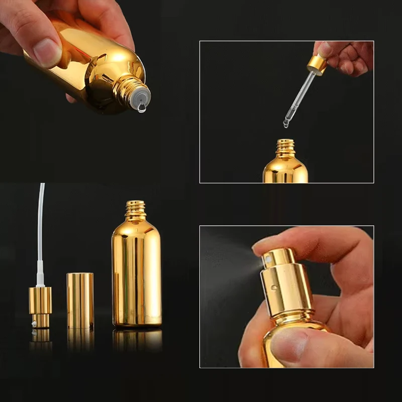 12pcs 10ml 15ml 20ml 30ml 50ml 100ml Gold Empty Makeup Setting Spray Perfume Glass Bottle Oil Lotion Pump Dropper Reducer Golden