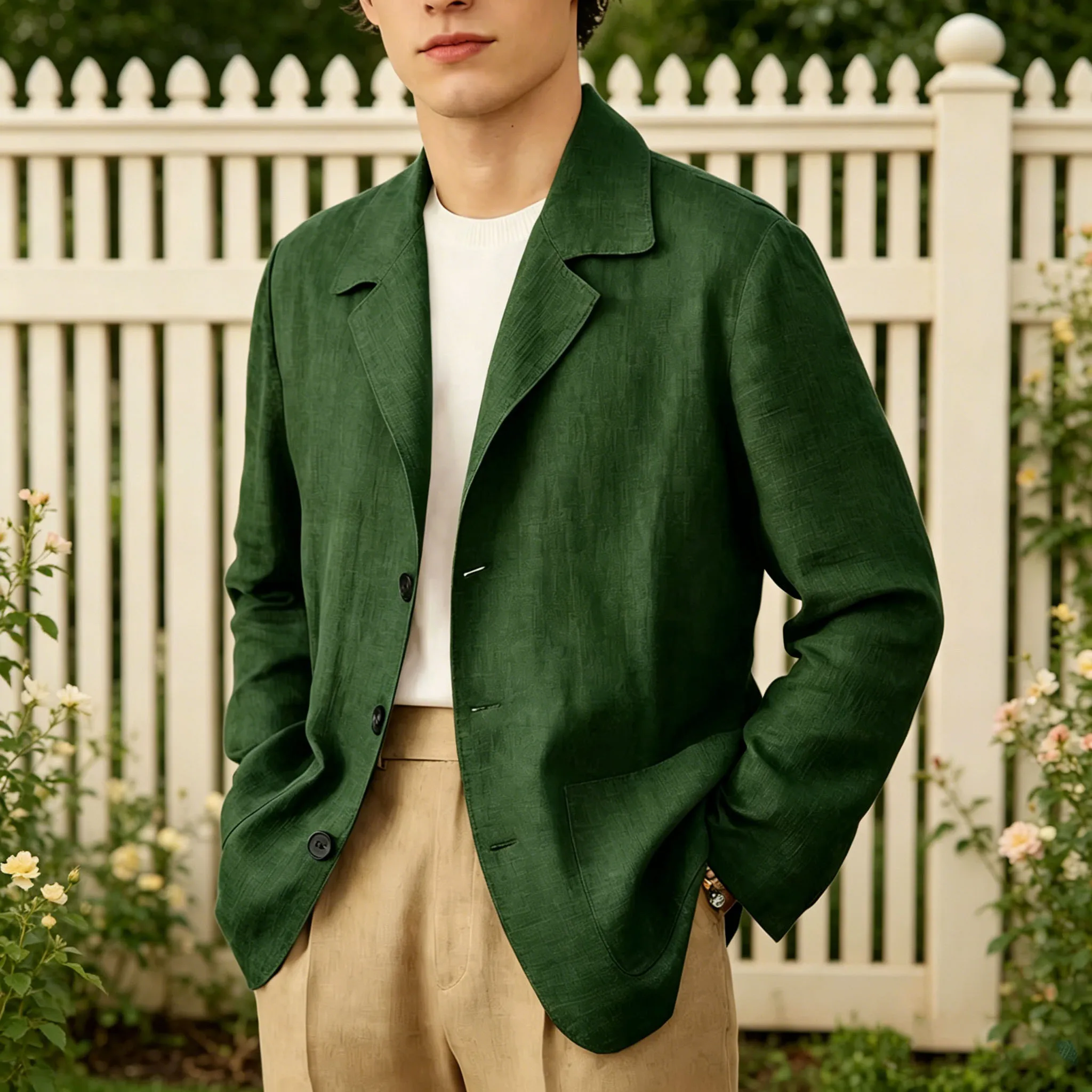 Men‘s Linen Cotton Blazer Notch Lapel Regular Fit Lightweight Breathable Sport Coat British Style Summer Casual Jacket For Beach