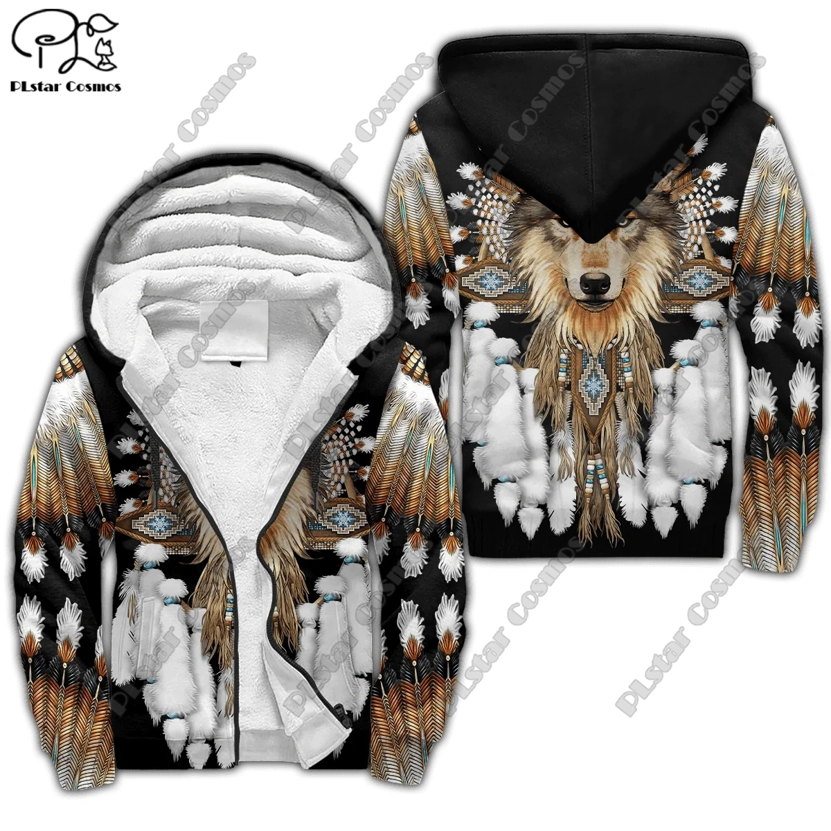 NEW 3D printed Aboriginal wolf feather pattern zipper hoodie for men and women winter warm double layer fleece casual coat Y-5