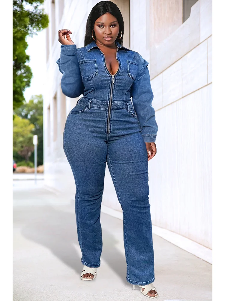 Plus Size Daily Jumpsuit Blue Long Sleeve Denim Zip Jumpsuit Women's Spring Autumn Bodysuit Solid Color Romper Jeans