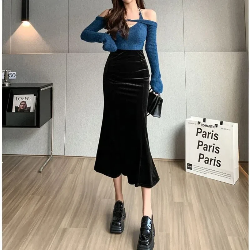 Spring Autumn New High Waist Solid Slim Elegant Midi Dress Black Gold Velvet A-line Half Skirt Vintage Temperament Women Clothes