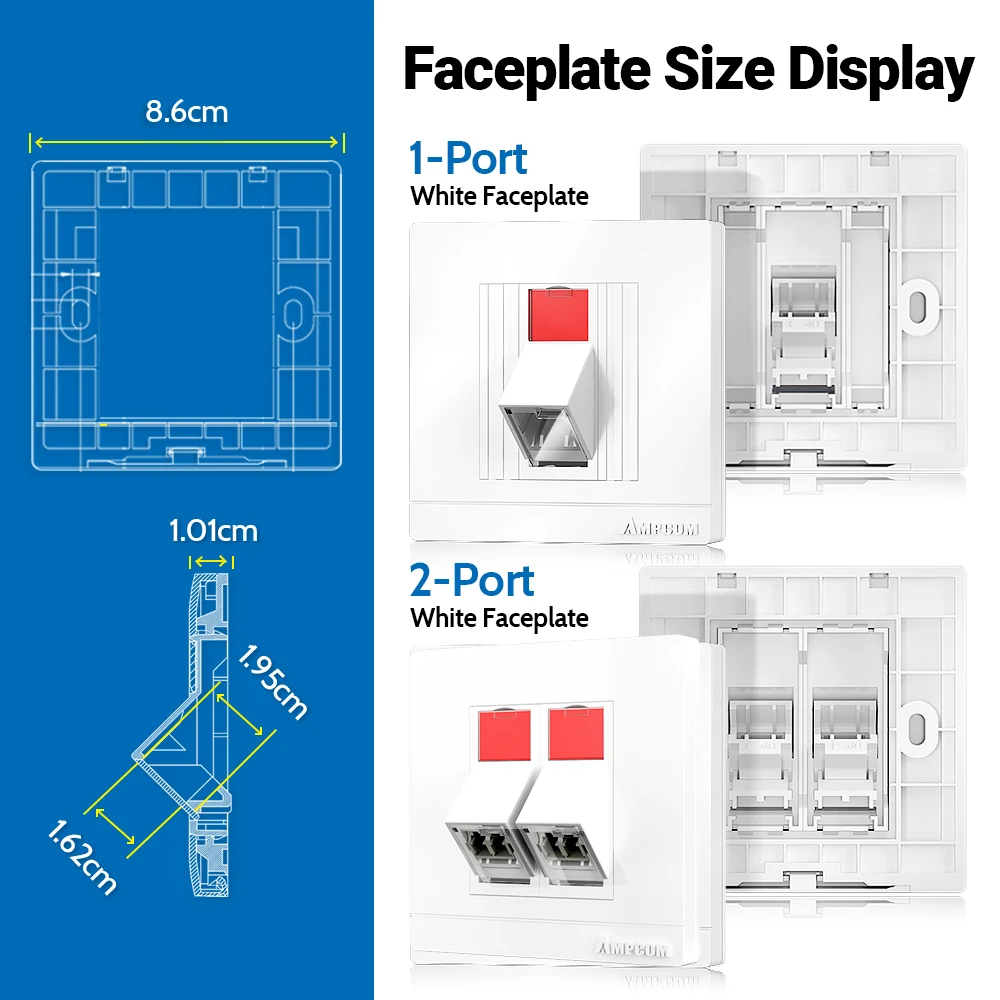 AMPCOM 86*86mm Angled Faceplate with a Fiber Optic Coupler Bracket,Suitable for Fiber Optic,RJ45&RJ11,Telephone Keystone Modules