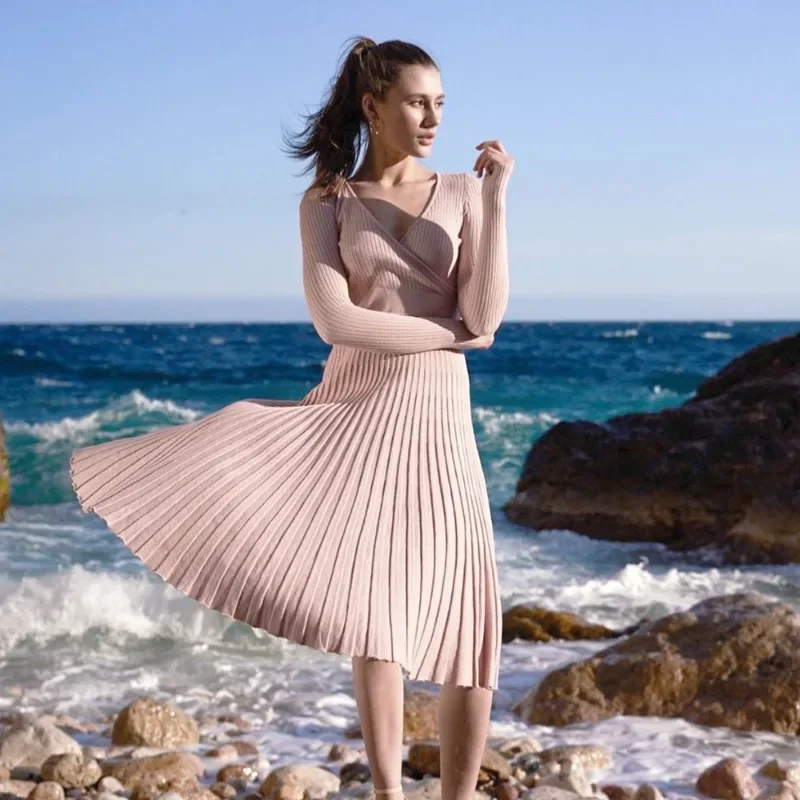 

Spring Winter Long Dresses For Women Elegant Knitted Pleated Dress V Neck Office Ladies Chic Women Dresses Korean Y2k Clothing