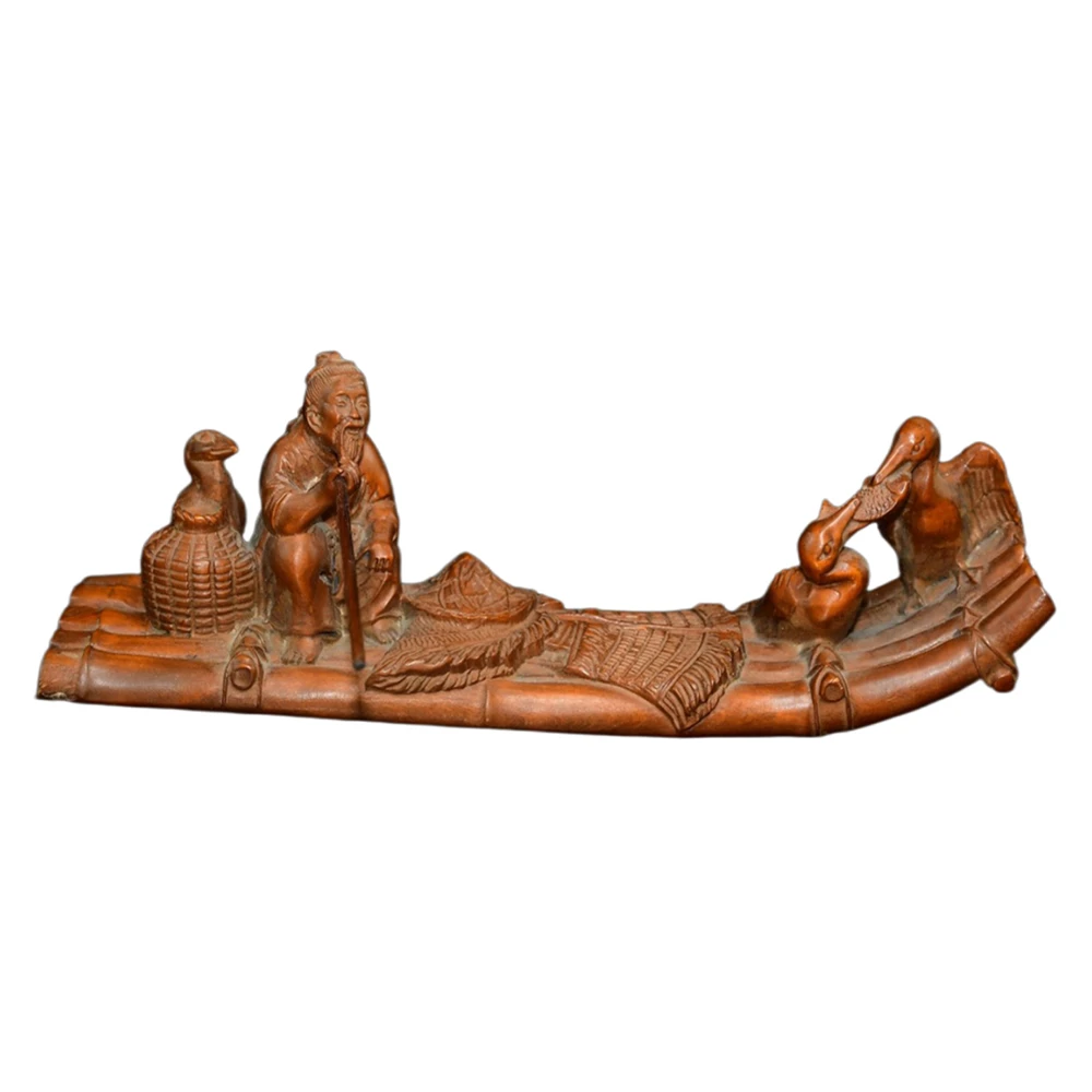 Statues en bois Sculpture pêcheur cormorant bambou radeau Sculpture chinois traditionnel récolte contenu abondance sérénité
