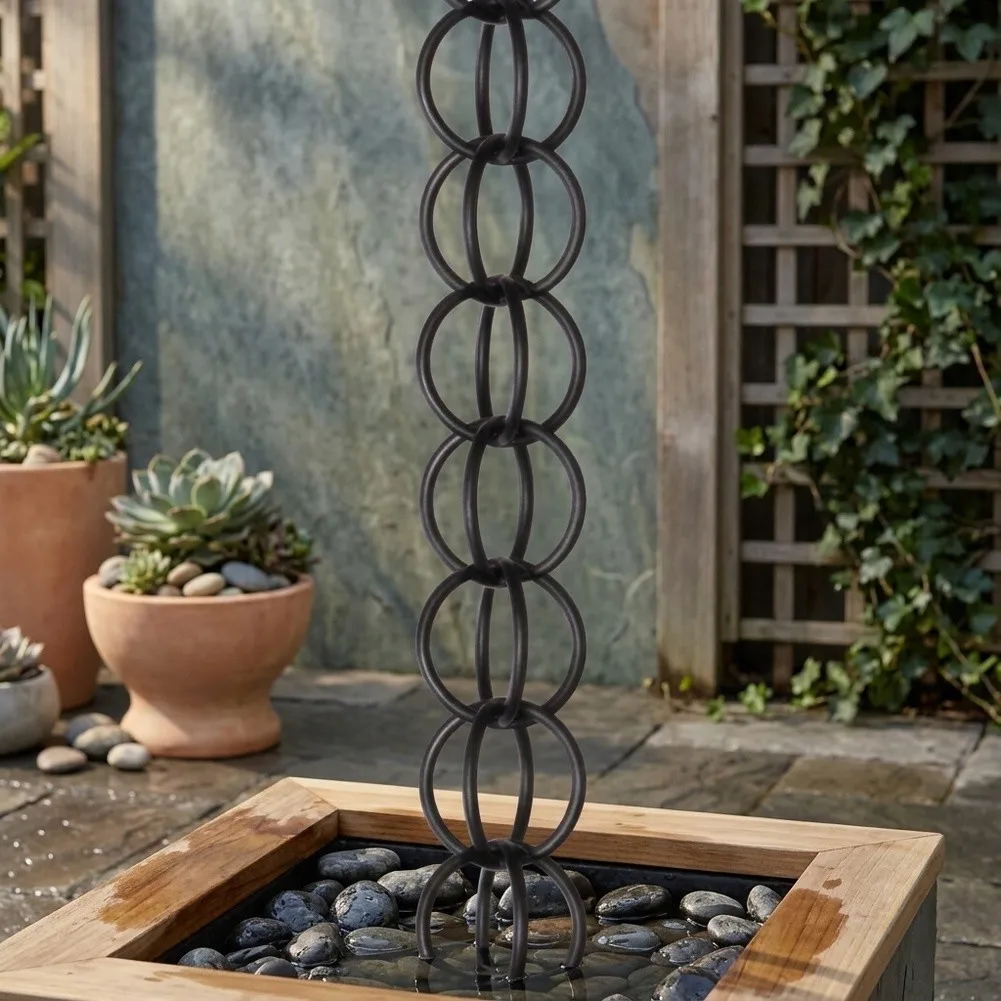Decorative Iron Rain Chain Designed for Efficient Rainwater Flow from Gutters to Ground in Garden and Patio Settings
