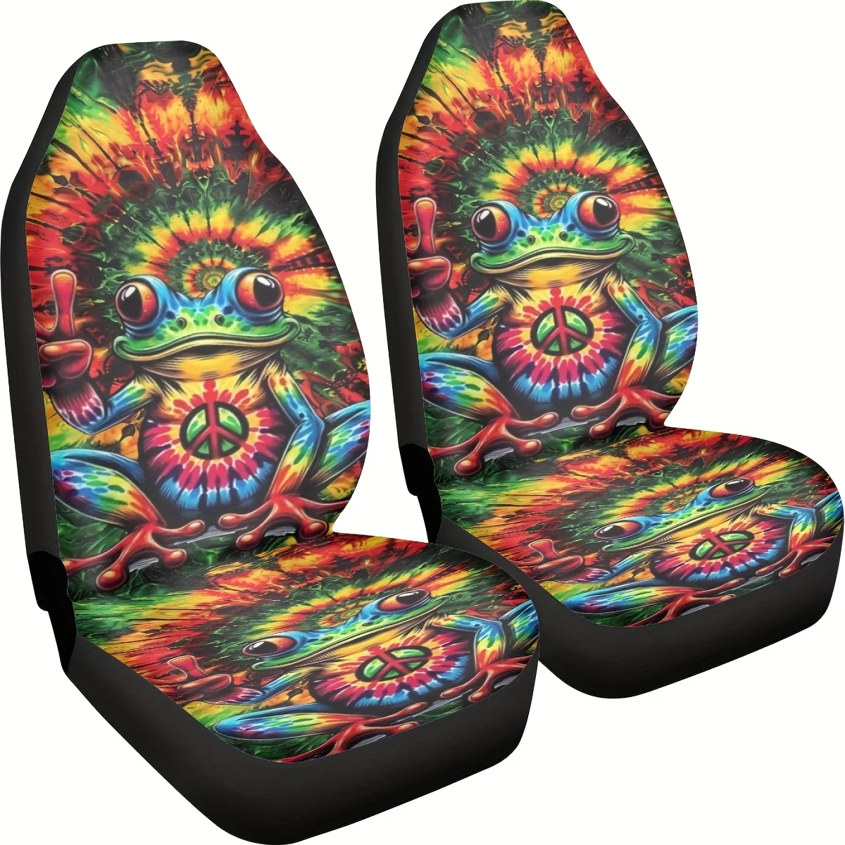 [Peace Frog Car Seat Covers] 2pcs Peace Frog Print Car Seat Covers | Universal Auto Front Seats Protector For Car, SUV, Truck, S