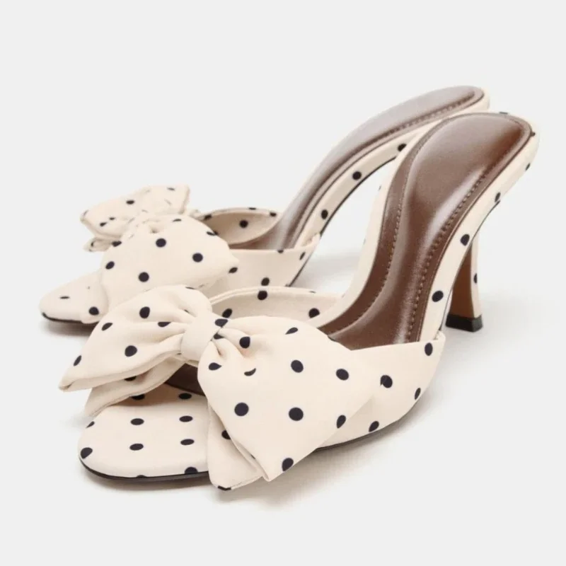 

Satin Polka Dot Butterfly Knot Decorative Heeled Sandals Women Sexy Open-Toe Slide Sandals Summer Elegant Stiletto Heel Slippers