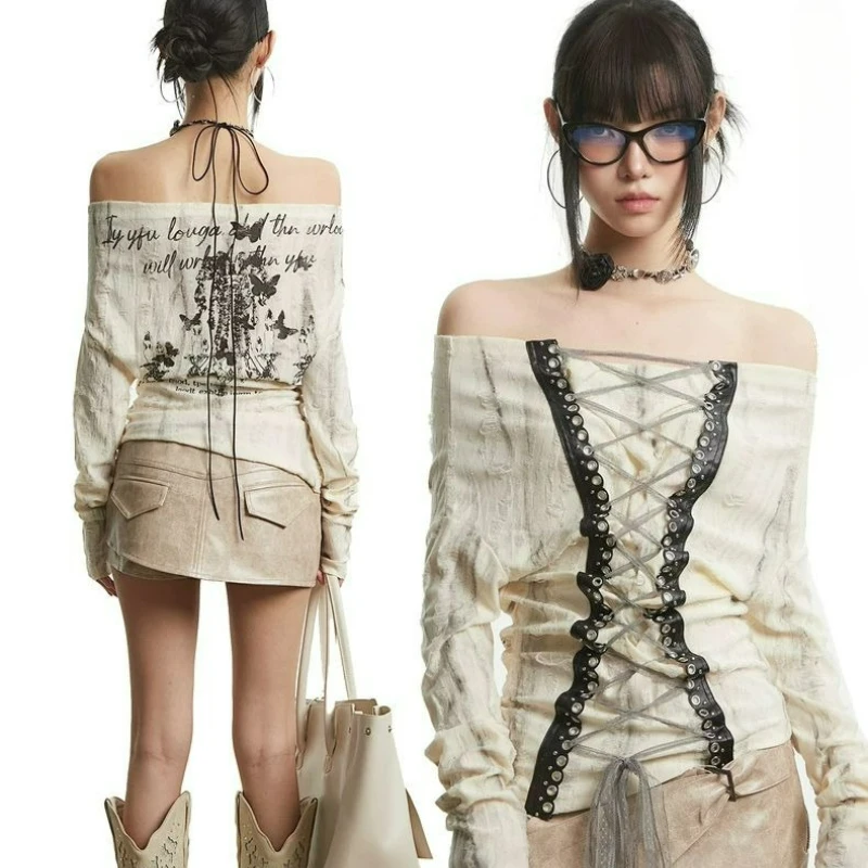 

Женская футболка с длинными рукавами на одно плечо в стиле панк, весна/осень 2026, новый модный топ для похудения с бретелями