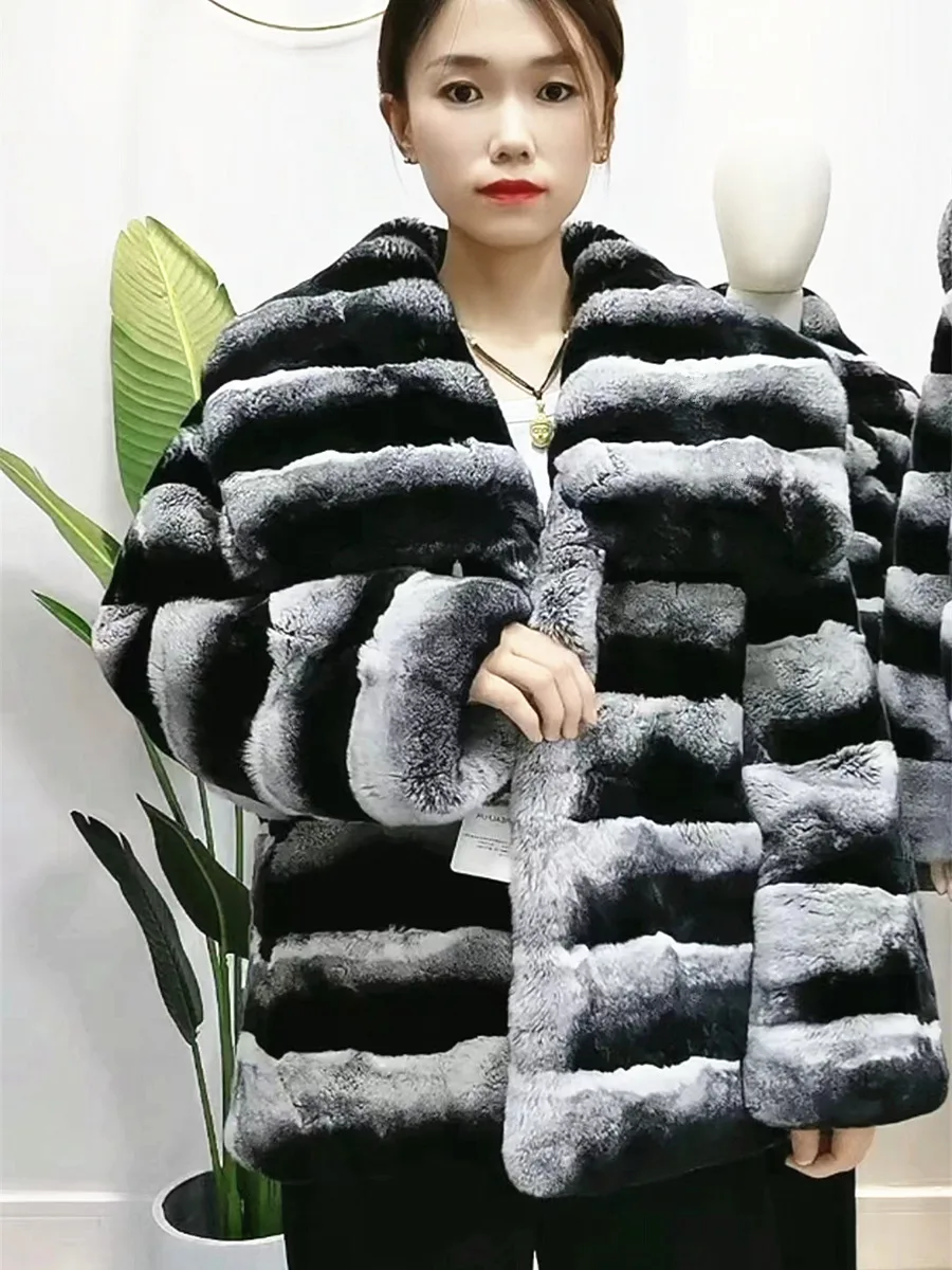 chinchilla Unisex style Drop shoulder sleeve Natural fur  Large lapel Real Rex Rabbit Fur Grass Coat Girl