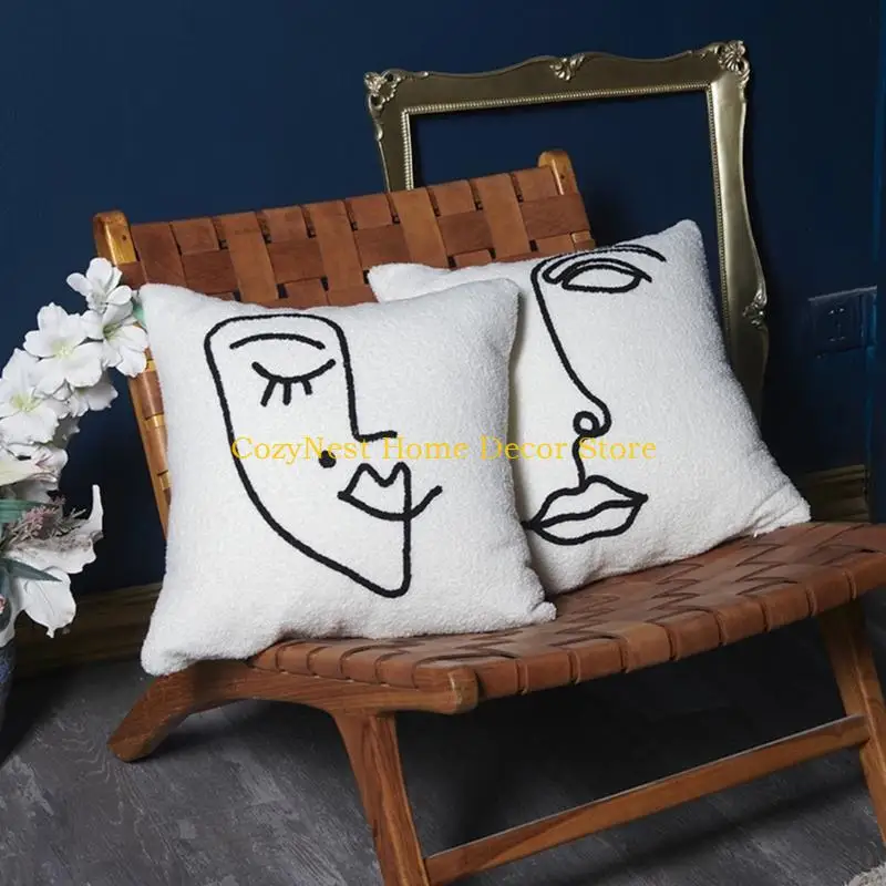 92MF Artistic Office Decor Face Embroidery Cushion Cover Plush Pillowcase