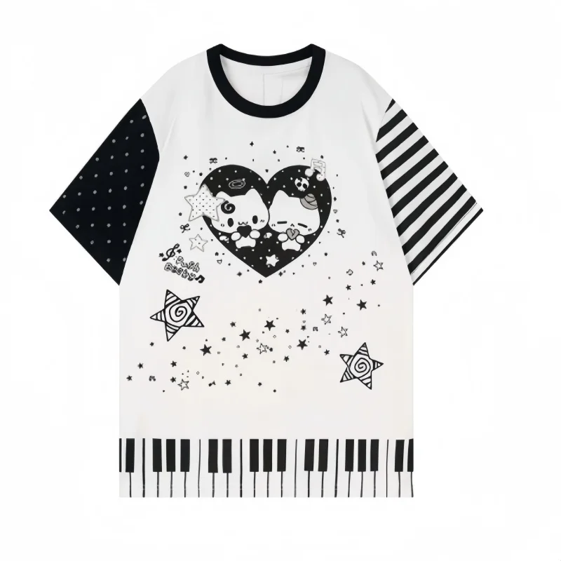 Black White Love Cat Piano Keyboard Spliced T-Shirt Short Sleeved Cute Contrasting Color Top AbiY2K Millennium Style 2026
