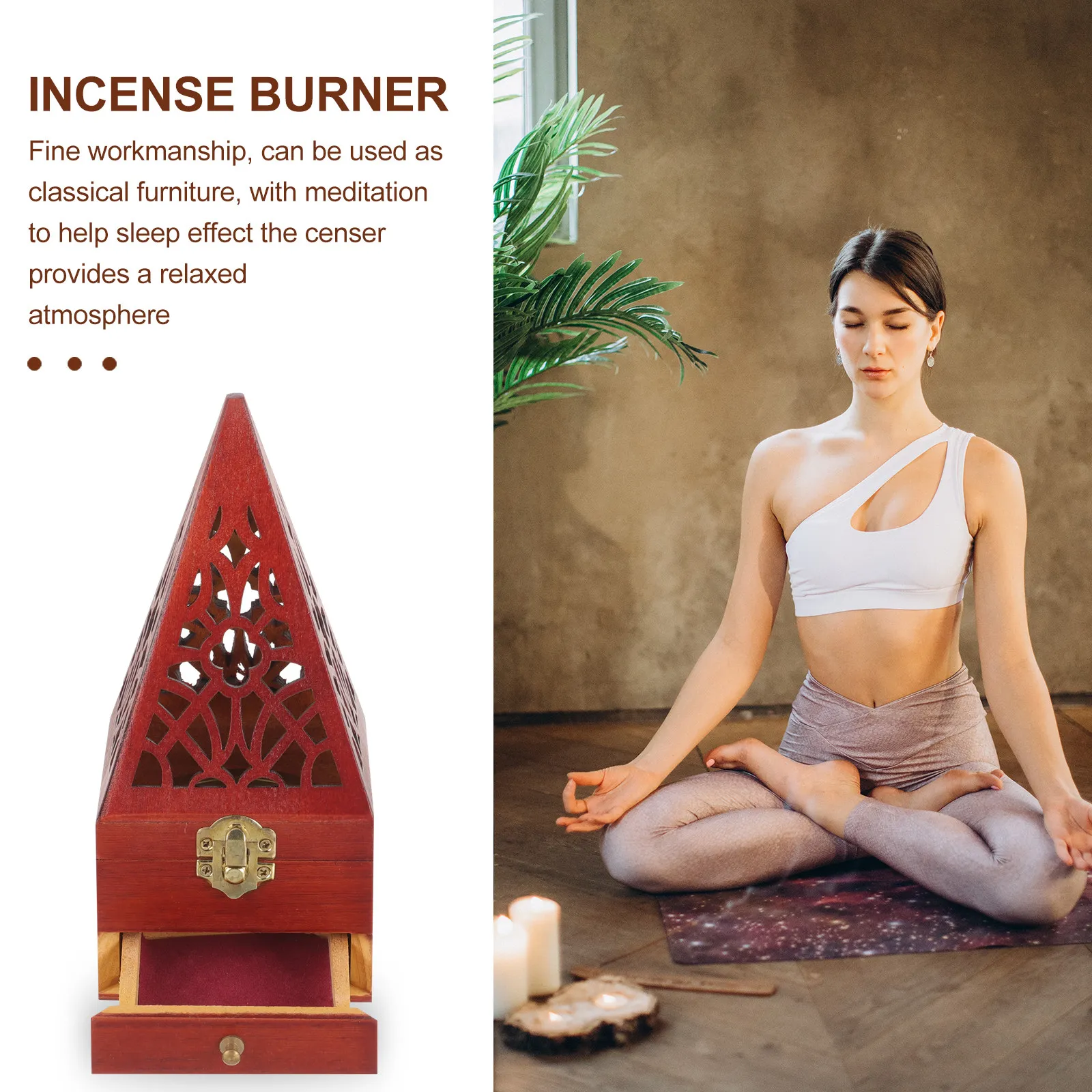 Wood Incense Burner Tabletop Pyramid Ash Catcher Tray Drawer Indoor Desktop Incense Holder Censer Ornament Home Decor Relaxation