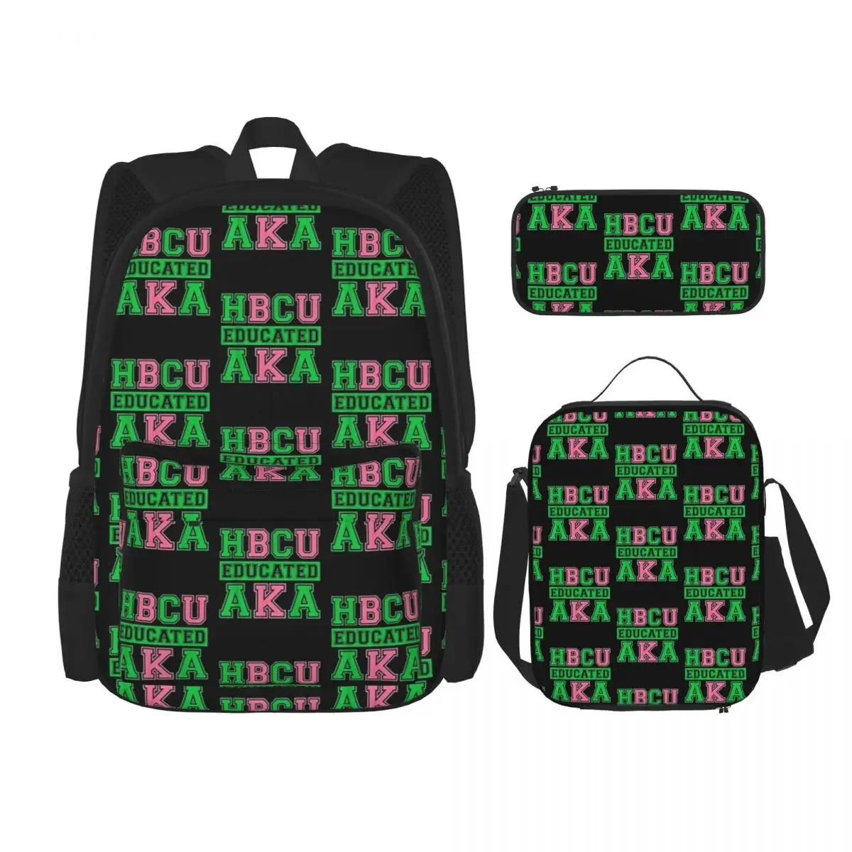 

HBCU Grad AKA Sorority Paraphernalia, HBCU Educated AKA Backpacks Bookbag School Bags Rucksack Lunch Bag Pen Bag Three-Piece Set