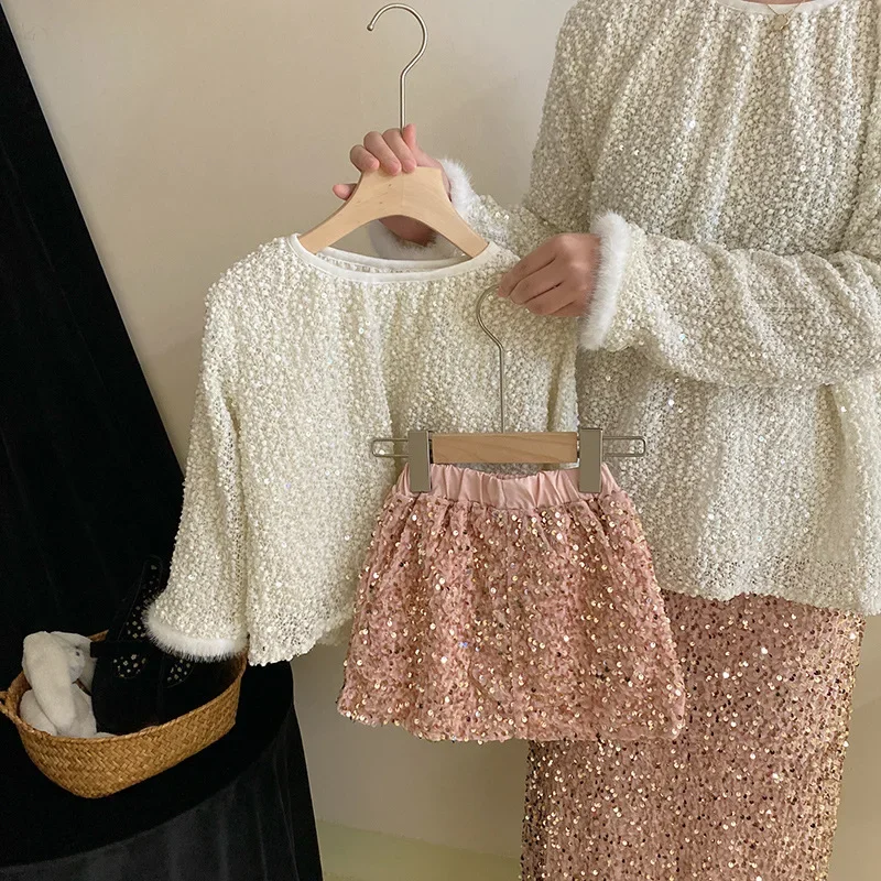 Spring Children's Wear Autumn New Girl Sweet Sequin Tops Versatile Half Skirt Toddler Baby Children Clothes