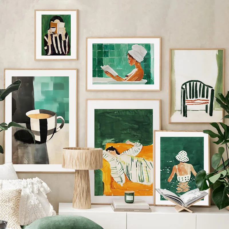 (2D-Leinwandgemälde) Grün gestreiftes Mädchen, Buch, Kaffee, Badewanne, abstrakte Poster, Wandkunstdrucke, Leinwandgemälde, Hotelbar-Bild