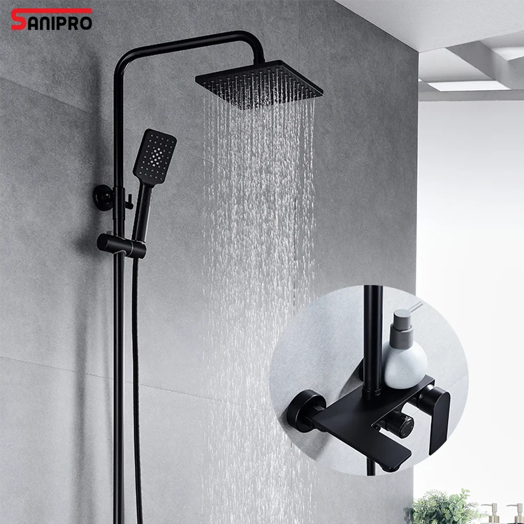 

SANIPRO Sliding Column Shower Head Rain Rainfall System Black Brass Hot Cold Bath Taps Faucets Mixer Bathroom Shower Set