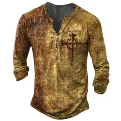 Vintage Print Shirt Men Long Sleeve T-Shirt Graphic Tops V-Neck Oversized Cotton T-Shirt 5xl 2022 Casual Tee Button Fall Clothes