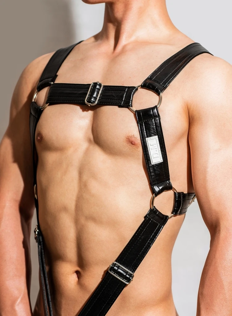 Men\'s Underwear Male Gay Temptation T Shape PU Leather Shoulder Straps Button Detachable Harness Metal Hanging Ring Thongs