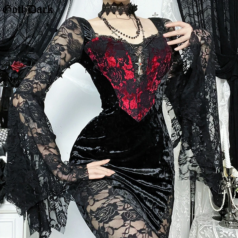 

Goth Dark Lace Hollow Out Velvet Long Dress for Women Gothic Outfits Embellished Batwing Sleeve Split Dresses Gown Halloween