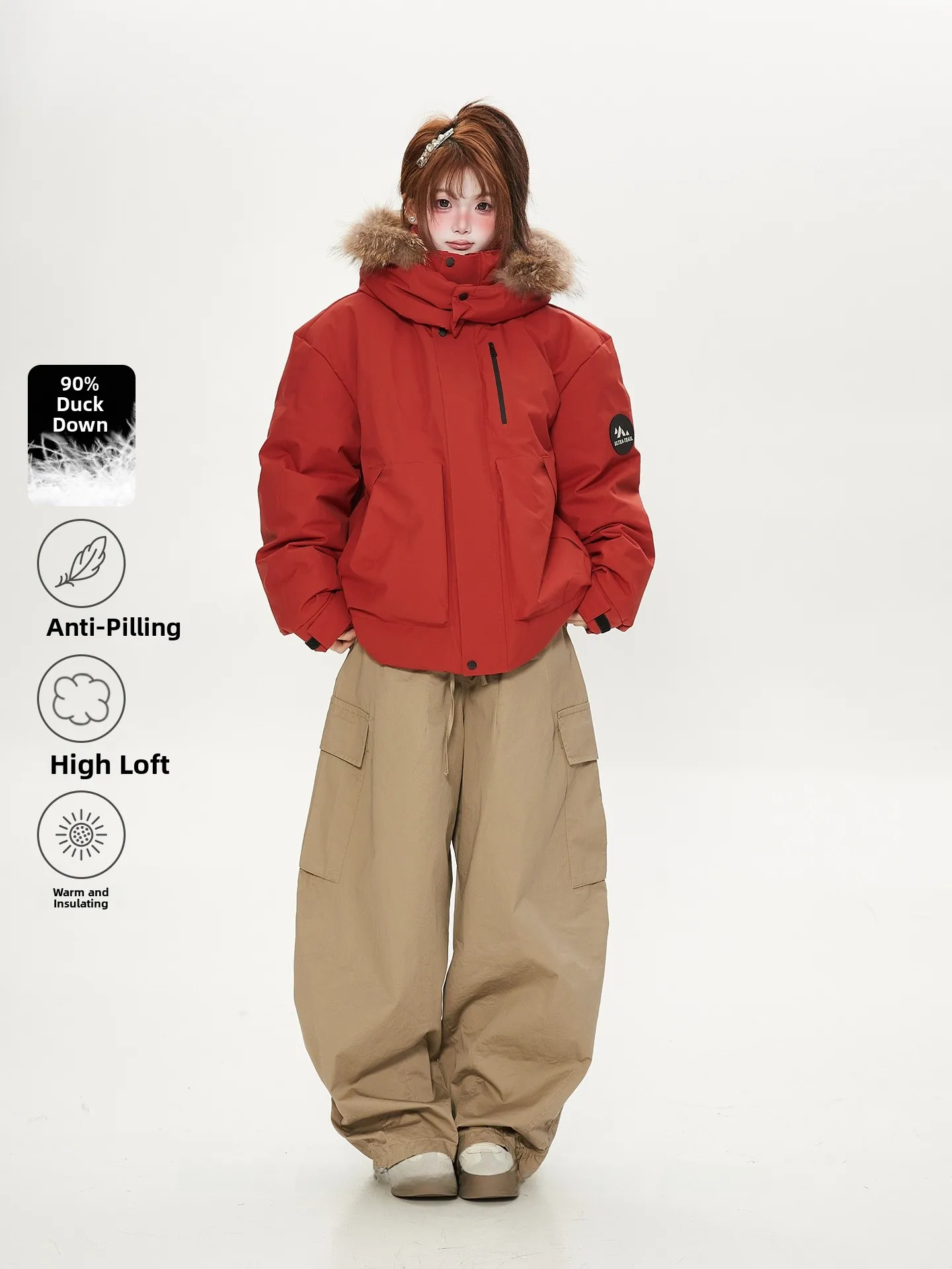 

Красная женская зимняя утепленная куртка с капюшоном, ветрозащитная стеганая куртка для активного отдыха с воротником из натурального меха, в корейском стиле, свободного кроя