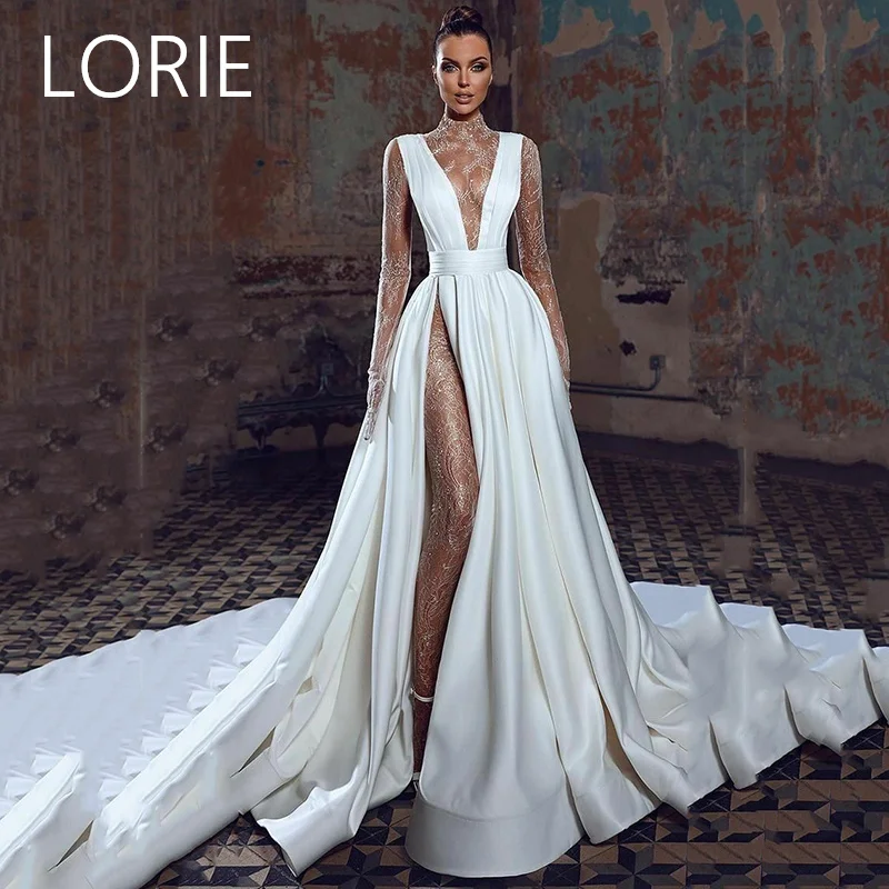 

LORIE A-line V-Neck Wedding Dress Lace Applique Soft Bridal Gowns Side Split Sleeveless Vintage Country Wedding Gown Customized