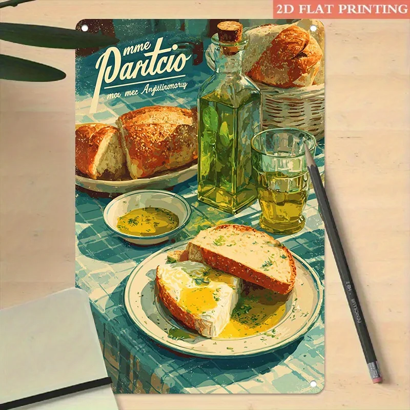 Letrero Metálico Vintage de 1 Pieza, Decoración de Pared de Metal con Diseño Retro de Pan y Aceite de Oliva para Cocina o Comedor