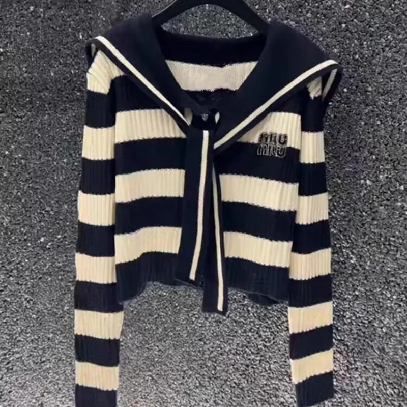 

Women's Cardigan Button Autumn and Winter Navy Neck Striped Patchwork Knit 2023 New Slim Sequined Long Sleeve Sweater Coat Tops