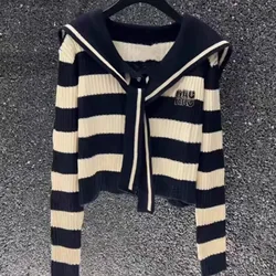 Women's Cardigan Button Autumn and Winter Navy Neck Striped Patchwork Knit 2023 New Slim Sequined Long Sleeve Sweater Coat Tops