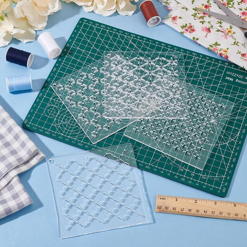 4Pcs Acrylic Sashiko Stencil Cross Acrylic Embroidery Tool Drawing Line Template for Hand Quilting and Embroidery 2.5mm Thick