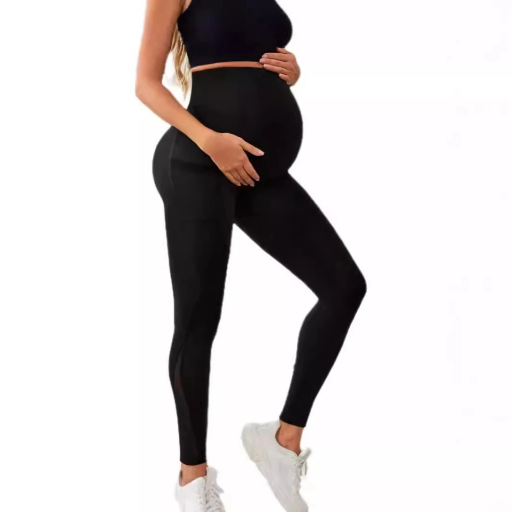 

Pregnancy Yoga Pants High Waisted Maternity Leggings with Side Pockets Tummy Support Black Workout Pants Pregnancy Pants