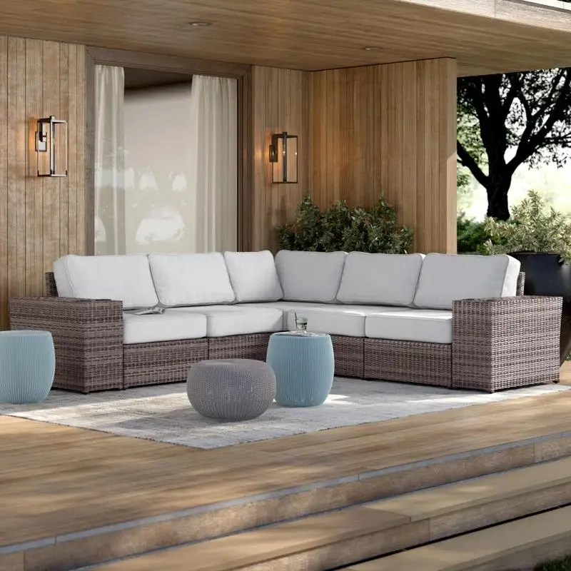 

102" Wide Reversible Outdoor Wicker Sectional Sofa with Cushions - Fully Assembled - Comfortable Patio Furniture Set for