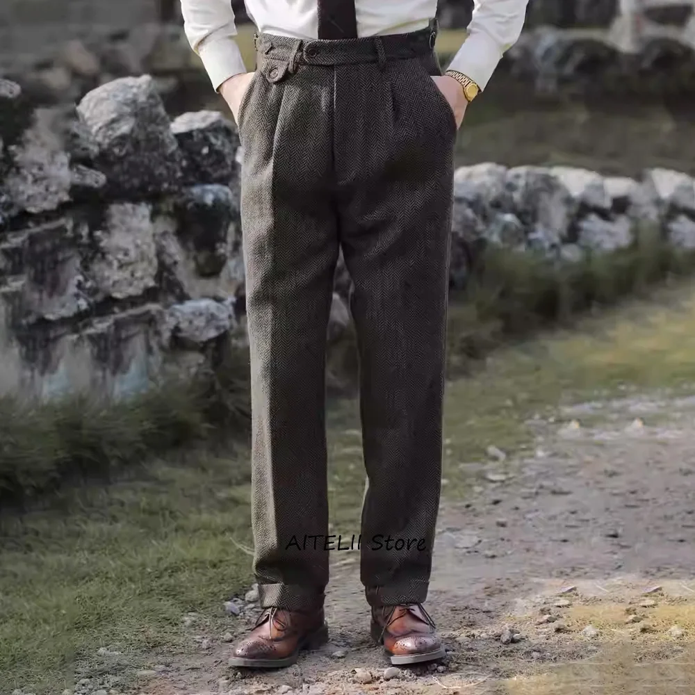 

Classic Men's Pants for Man Business Casual Straight Leg Vintage Herringbone Fabric Comfortable Trousers Work Trouser Tailoring