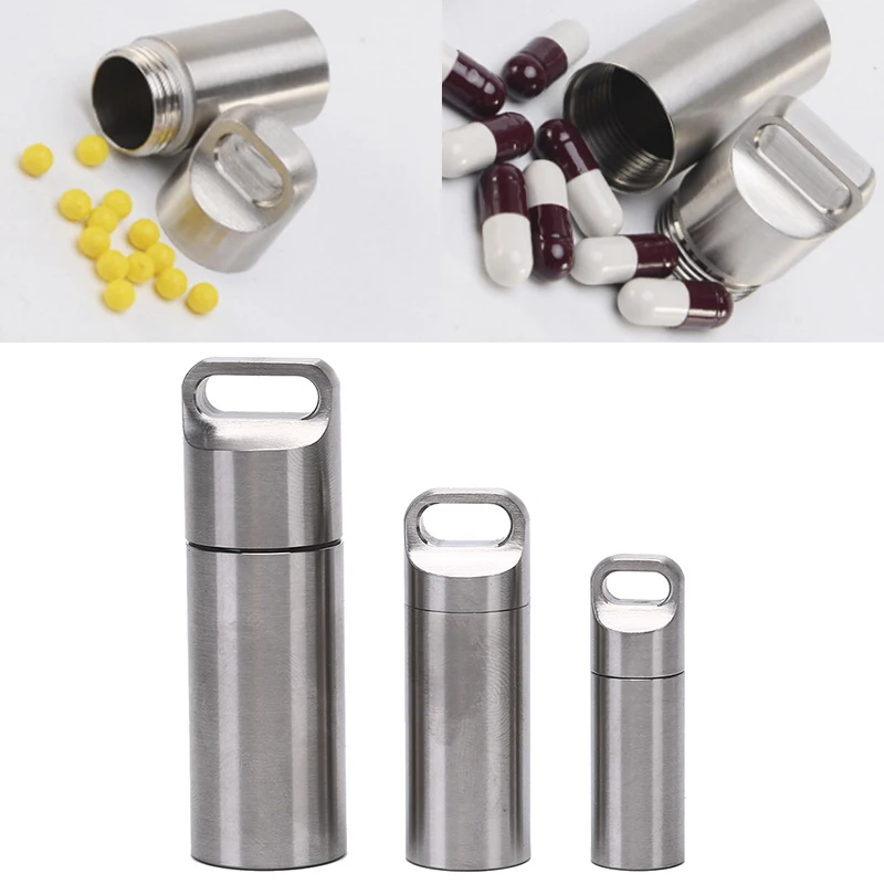 Silver Stainless Steel Waterproof Capsule Seal Bottle Outdoor Survival Pill Box Container Pill Tank 20g/34g/53g For Hiking