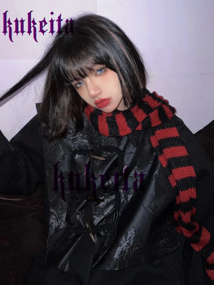 Harajuku Y2k Gothic Stripe Long Scarves Japanese Punk Fashion Women Scarf Autumn Winter Streetwear Warm Knitted Scarf