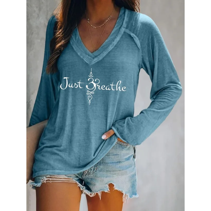 Ilstile Women's Just Breath Print T-Shirts Spring Summer Long Sleeve Casual Loose V Neck Tops Blue White Green Hot Sale