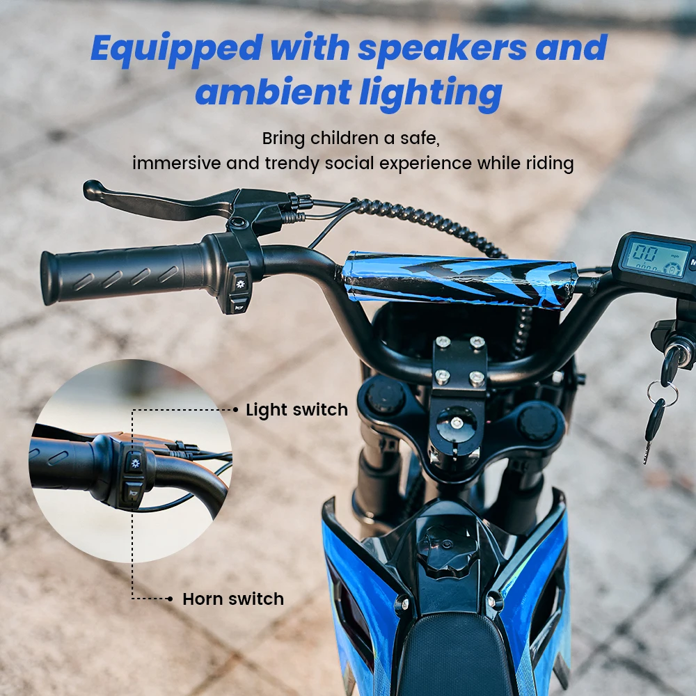 Moto électrique pour enfants A14, moteur 500W, autonomie 22 km, batterie 36V 5.2Ah, 3 vitesses (27 km/h), double freinage, amortisseurs, lumières pour le plaisir en extérieur
