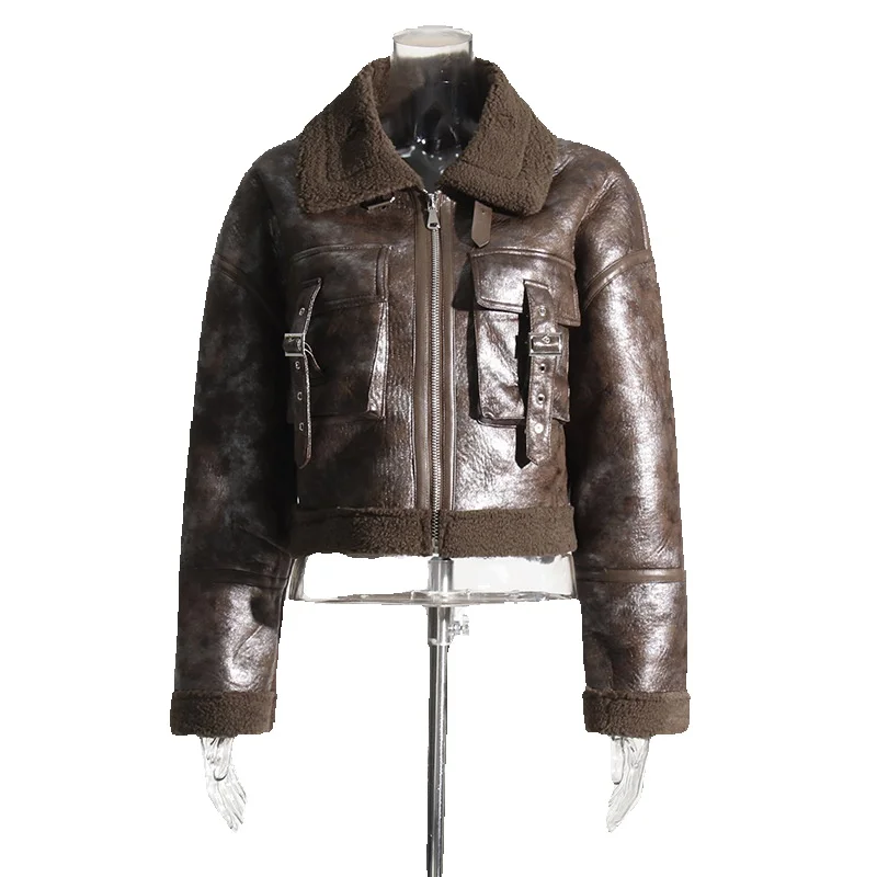 Maillard Style Fur Integrated Short 2024 Autumn New Fashion Design SenSe Patchwork Leather Jacket