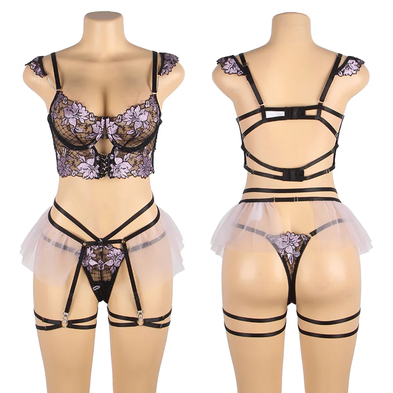 Comeondear Fashion New Ultra-thin Lingerie Panties Set Plus Size Suspender Belt Bra Briefs Lady Sexy Embroidered Mesh Underwear