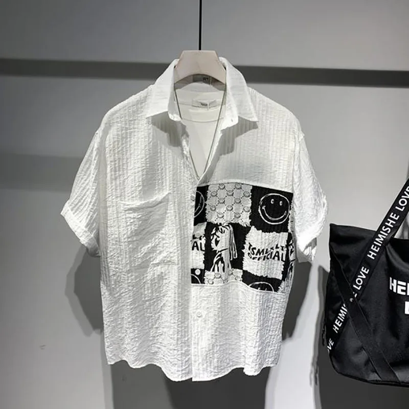 Fashion Lapel Spliced Pockets Printed Shirts Men\'s Clothing 2023 Summer New Oversized Casual Tops Short Sleeve Loose Shirt
