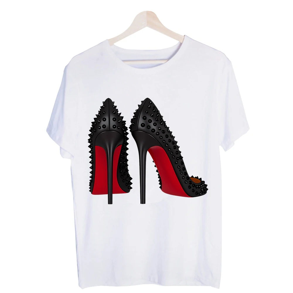 Women's Spiked High Heel Graphic Tee, Short Sleeve Crew Neck T-Shirt for Casual Fashion and Daily Wear