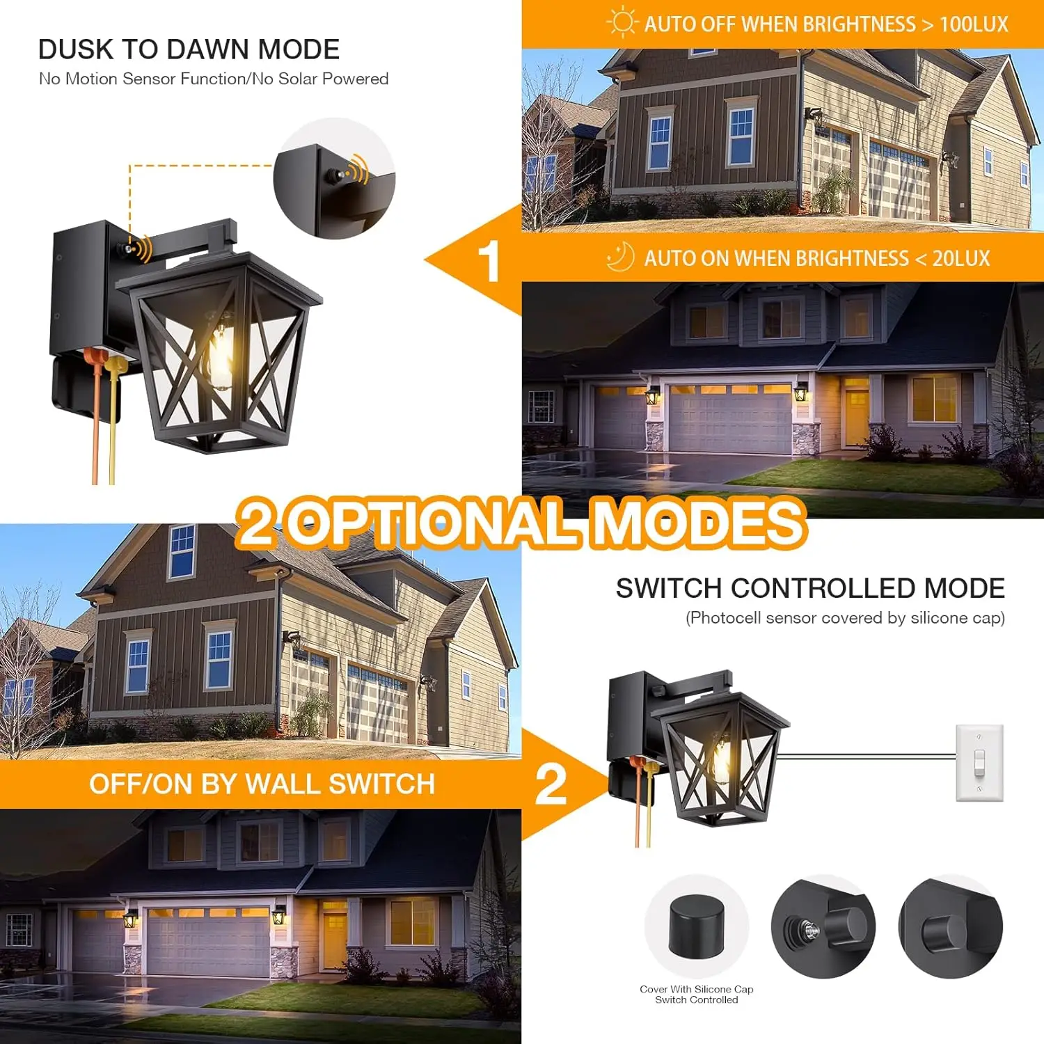 أضواء خارجية من الغسق إلى الفجر مع مقابس مدمجة، وأضواء خارجية من الألومنيوم مقاومة للماء والصدأ مع مقابس GFCI