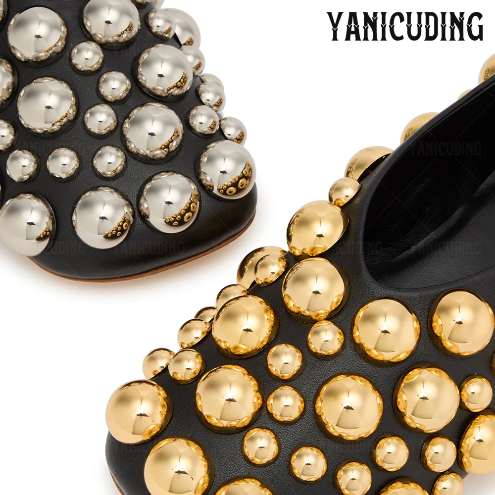 Metallic Stud-Embellished Ballerinas Silver Gold Embellished Black Leather Flats Square-Toe Bubble Beads Women's Elegant Loafers view 4