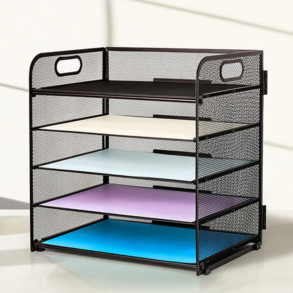 5 Tier Tray Storage Rack with Handles Mesh Desk File Organizer Metal Paper Holder Desktop Document Shelf for Office School Home