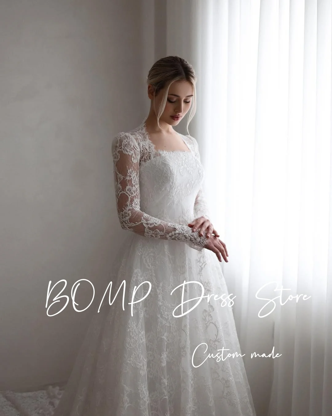 BOMP فساتين زفاف رائعة من الدانتيل على شكل حرف A وياقة مربعة وأكمام طويلة من الدانتيل فساتين زفاف متواضعة دبي للنساء العربيات حسب الطلب #3
