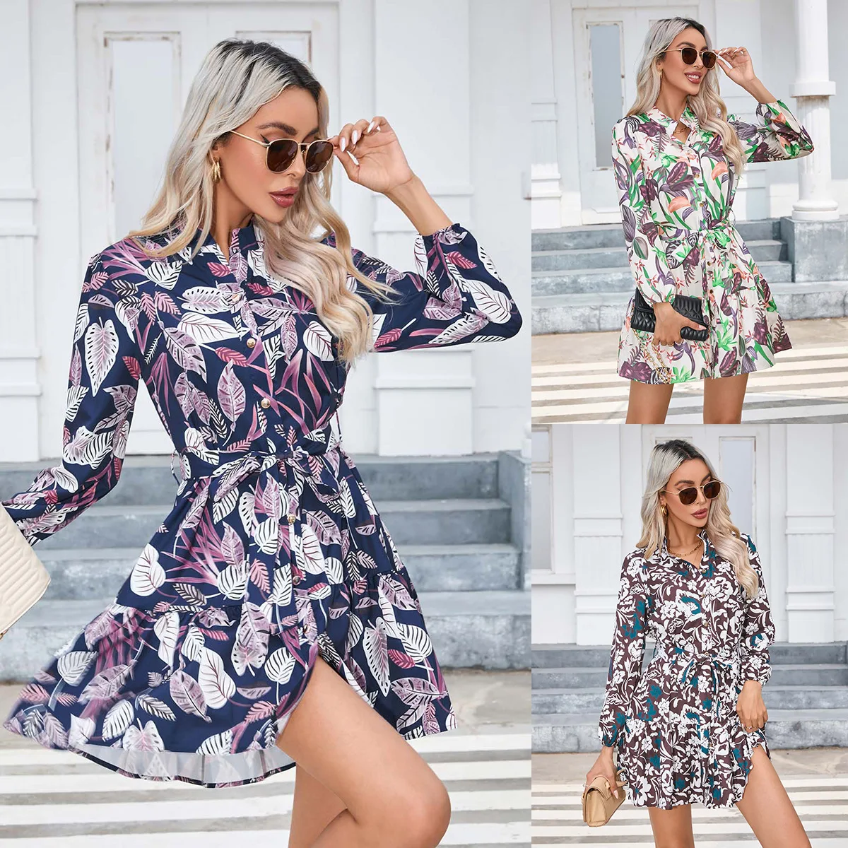 

High Quality 2024 Women's Elegant Printed Button Up Long Sleeved Waist Tied Shirt Dress Vestido Sexi Night Dress Hot Streetwear