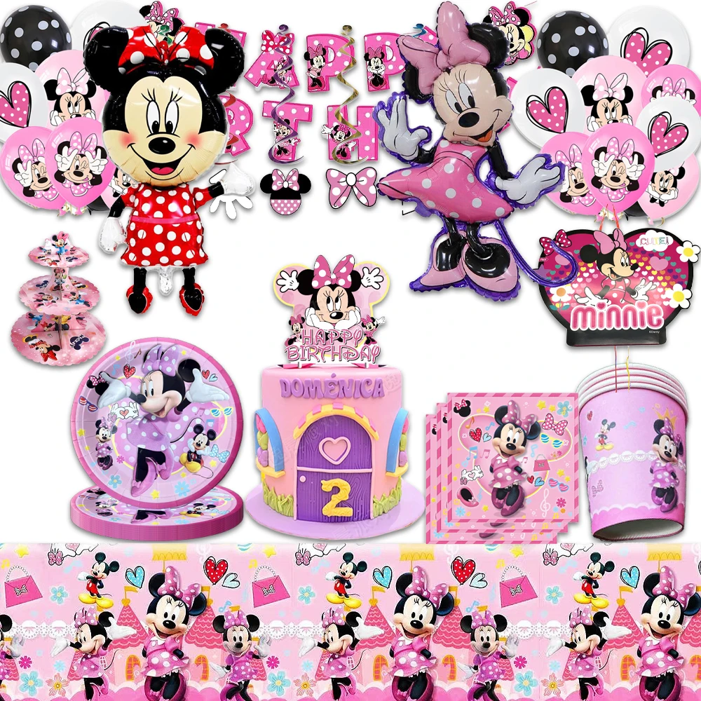 

Disney Pink Minnie Mouse Children's Birthday Party Decoration Pinatas Paper Plates Cup Napkins Balloons for Kids Boy Party Gift