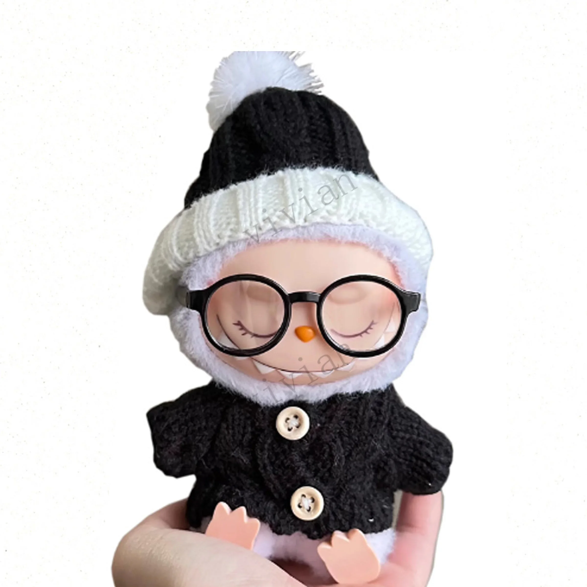 For 17Cm labubu baby clothes vinyl outfit pendant macaron sit party black hairball hat set for labubu black set