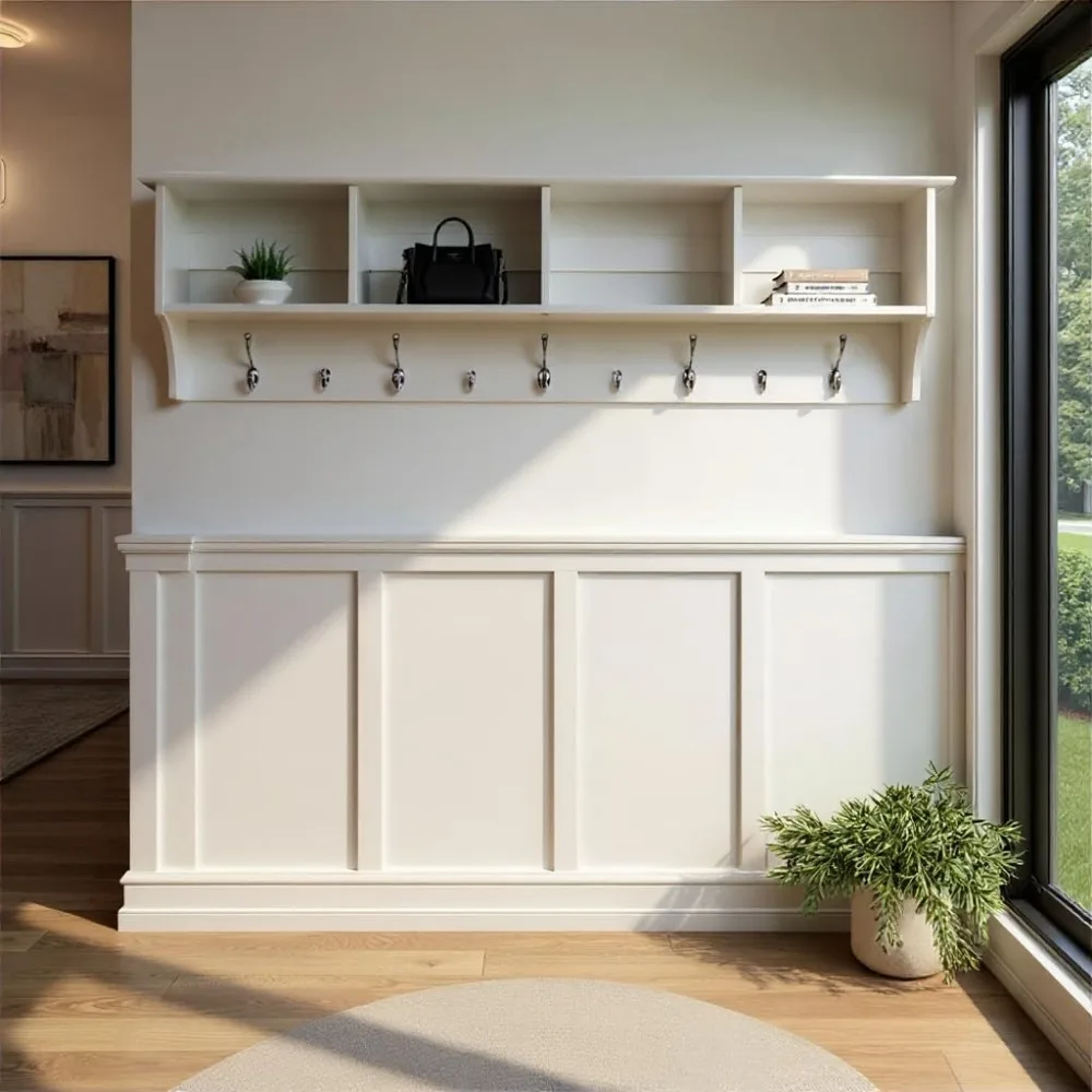 حامل معطف مثبت على الحائط مقاس 60 بوصة مع 4 أرفف، أبيض، مثالي لتخزين المدخل أو المدخل، 11.5 بوصة عمق × 60 بوصة عرض × 16.5 بوصة ارتفاع #2