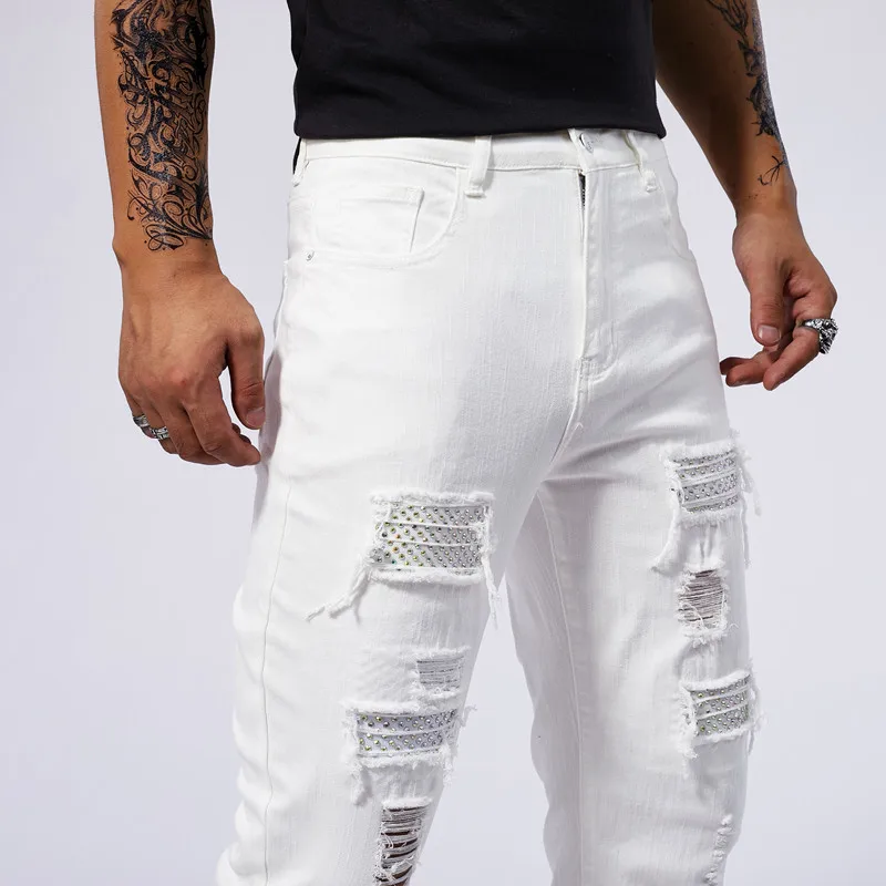 

Rhinestone White Jeans with Men's Broken Hole Patch Design for Street Fashion High end Slim Fit Small Foot Elastic Tight Pants