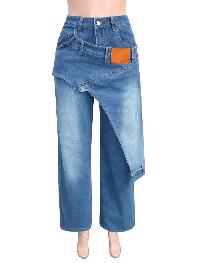 JENYAGE Damen Trendige Einzigartige Asymmetrische Wickel-Jeans mit Hoher Taille und Weitem Bein, Dekorative Riemen, Streetwear Baggy Hosen – Detail 8